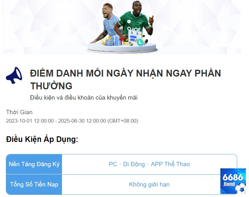 Khám phá ưu đãi điểm danh mỗi ngày nhận ngay phần thưởng tại 6686